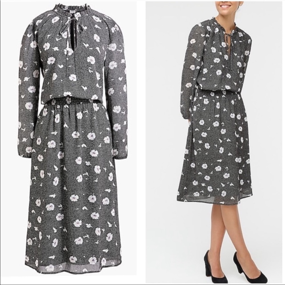 New! J Crew Long Sleeve Printed Tie Neck Dress